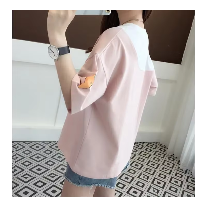 Vêtements japonais et coréens pour filles - T-Shirts japonais et coréens pour femmes - T-shirt Rose Rabitto