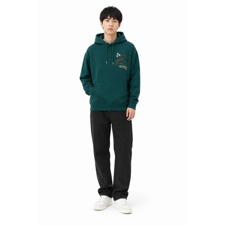 Hoodie Grue Japonaise — porté de face