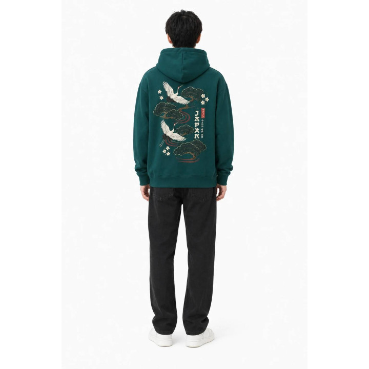 Hoodie Grue Japonaise — porté de dos
