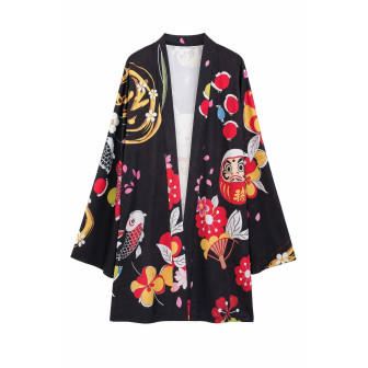 Kimono noir Maneki-neko fleuri — vue produit fond blanc