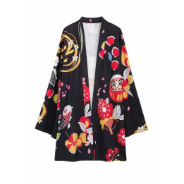 Kimono noir Maneki-neko fleuri — vue produit fond blanc