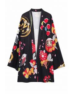 Kimono noir Maneki-neko fleuri — vue produit fond blanc