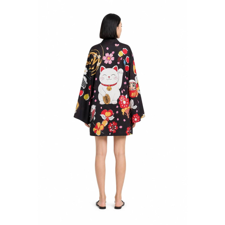 Kimono noir Maneki-neko fleuri — porté de dos