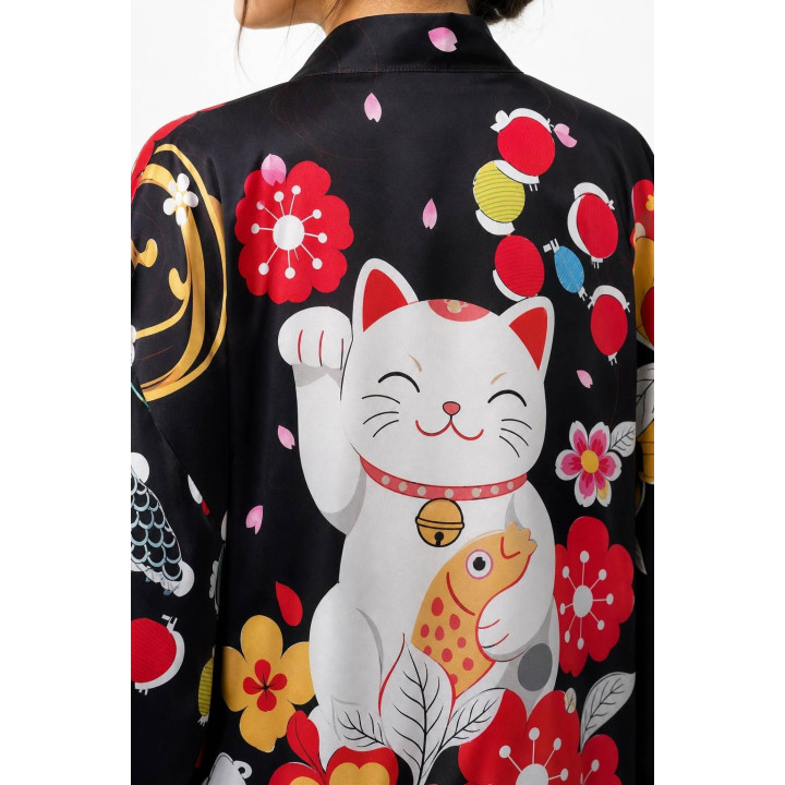 Kimono noir Maneki-neko fleuri — détail produit