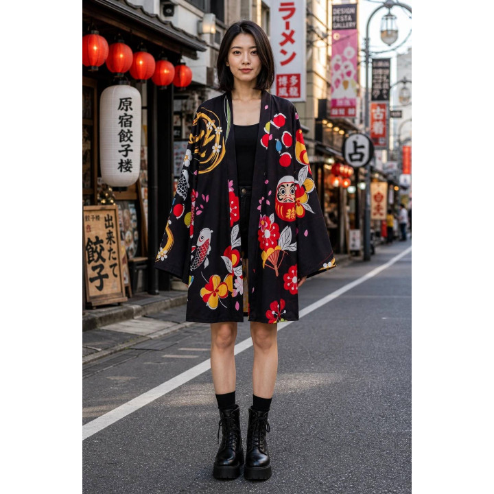 Kimono noir Maneki-neko fleuri — lifestyle extérieur