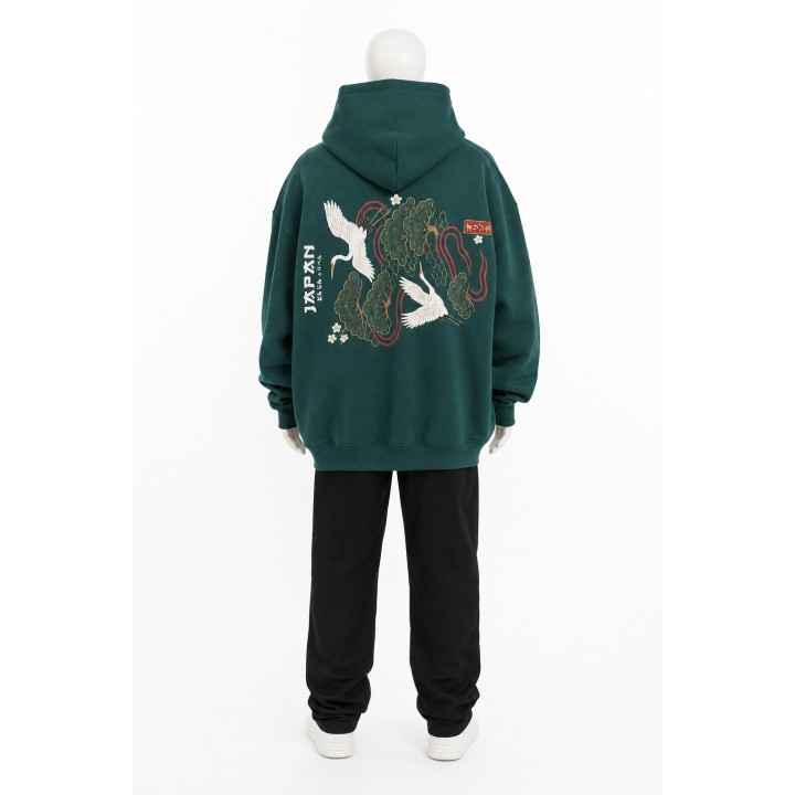Sweat à capuche vert homme motif grue japonaise – Streetwear tendance