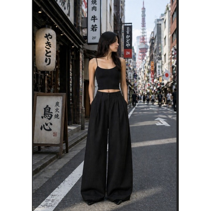 Pantalon Large à Pinces Noir