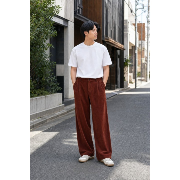 Pantalon Large Velours Rouille