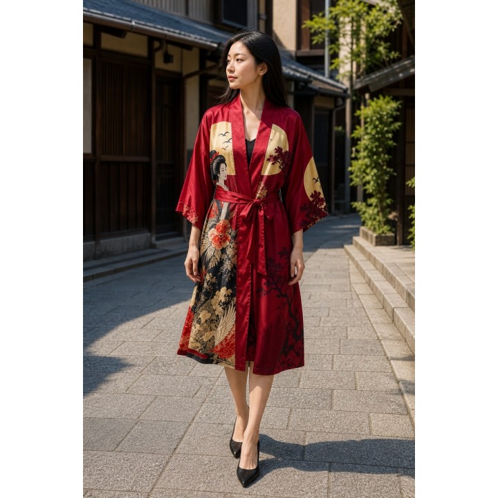 Kimono Femme Satin Rouge