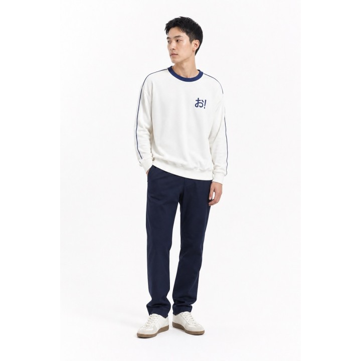 Sweat Blanc Col Bleu Brodé
