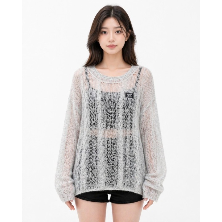 Pull Maille Ajourée Gris Clair