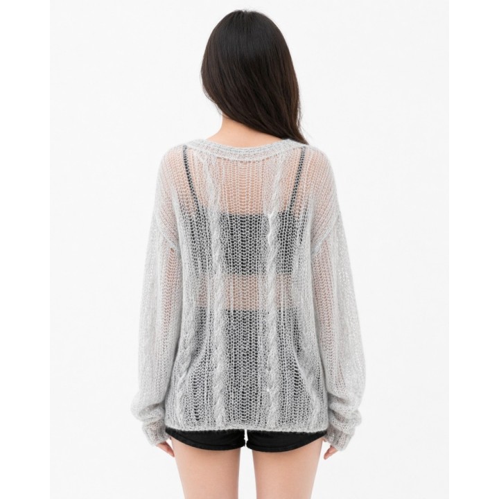 Pull Maille Ajourée Gris Clair