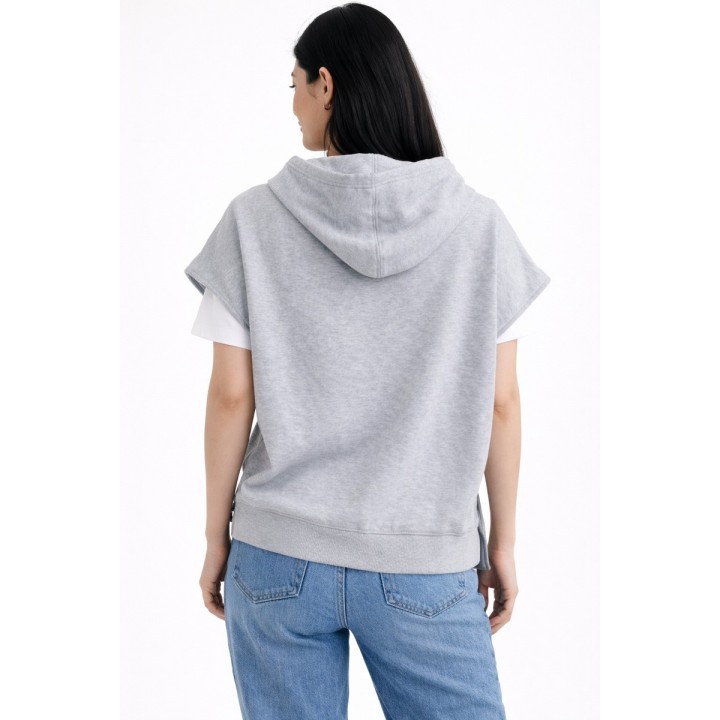 Sweat à Capuche Sans Manches Gris Chiné