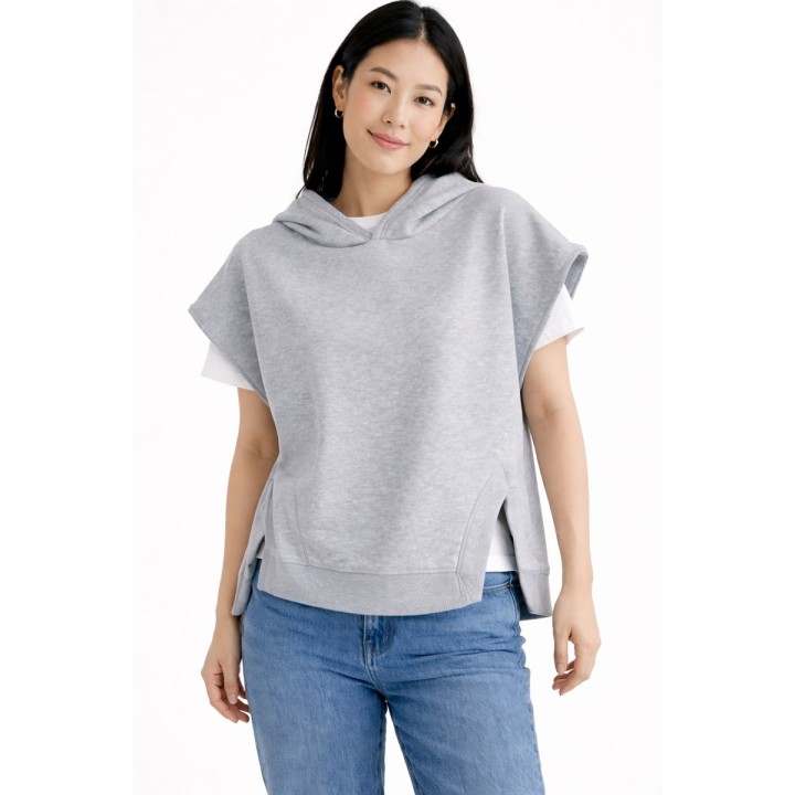 Sweat à Capuche Sans Manches Gris Chiné