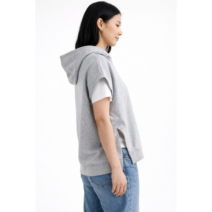 Sweat à Capuche Sans Manches Gris Chiné