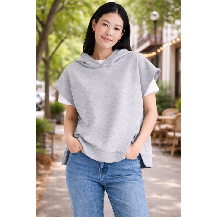 Sweat à Capuche Sans Manches Gris Chiné