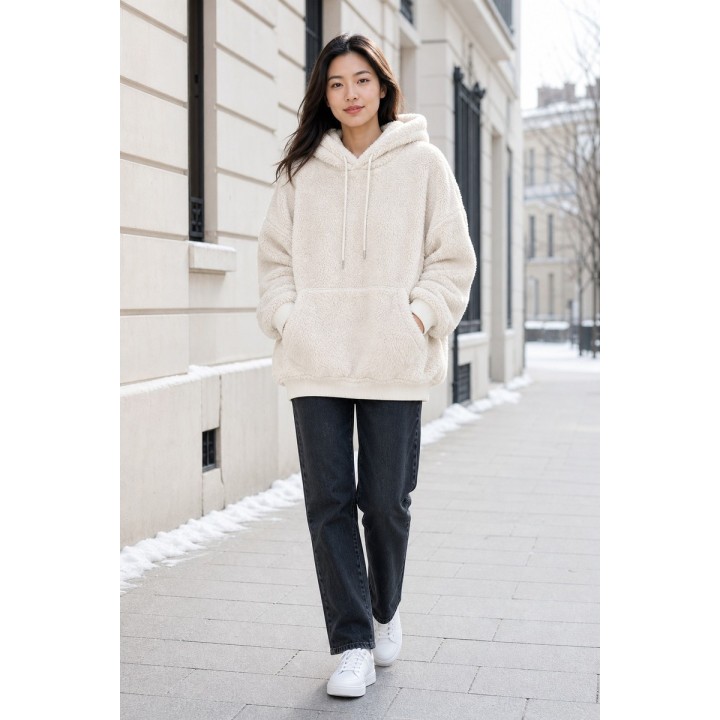 Pull à Capuche Sherpa Blanc Oversize