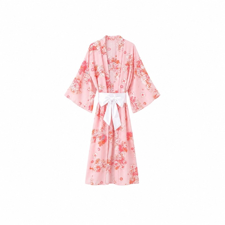 Kimono Long Fleuri Rose
