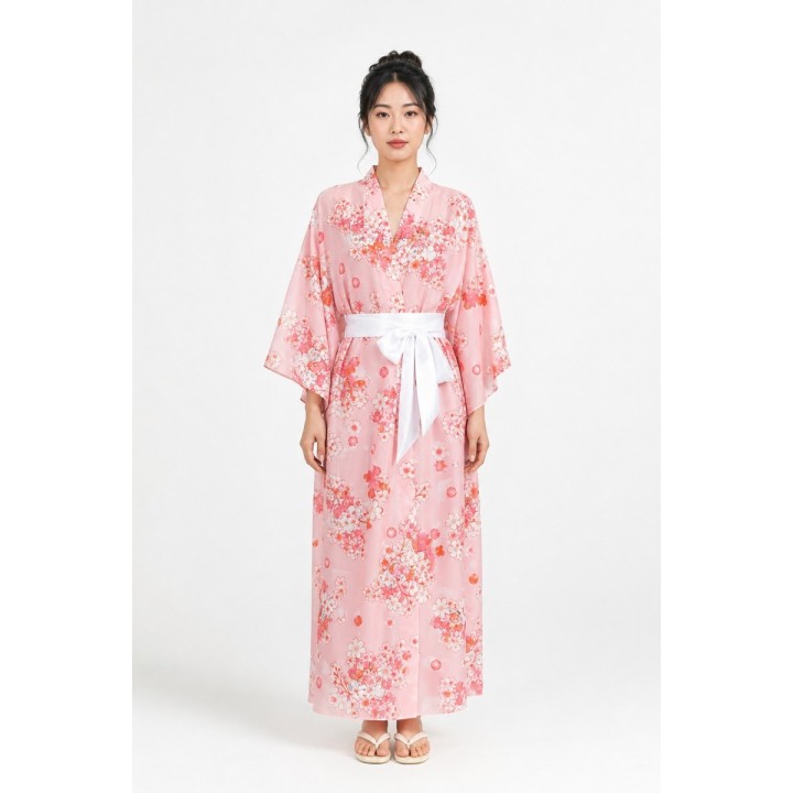 Kimono Long Fleuri Rose