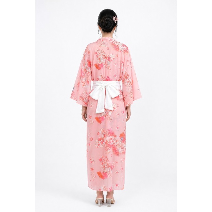 Kimono Long Fleuri Rose