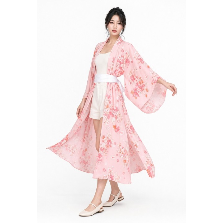 Kimono Long Fleuri Rose