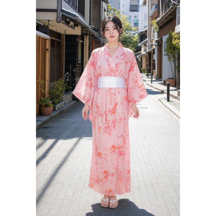 Kimono Long Fleuri Rose