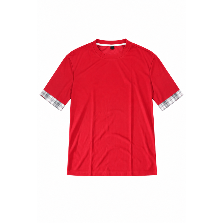 T-shirt Long Rouge à Manches Carreaux