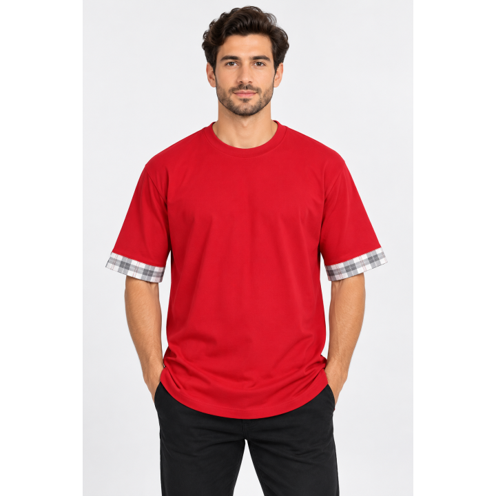 T-shirt Long Rouge à Manches Carreaux