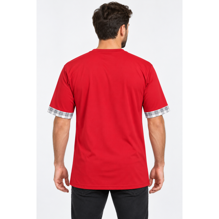 T-shirt Long Rouge à Manches Carreaux