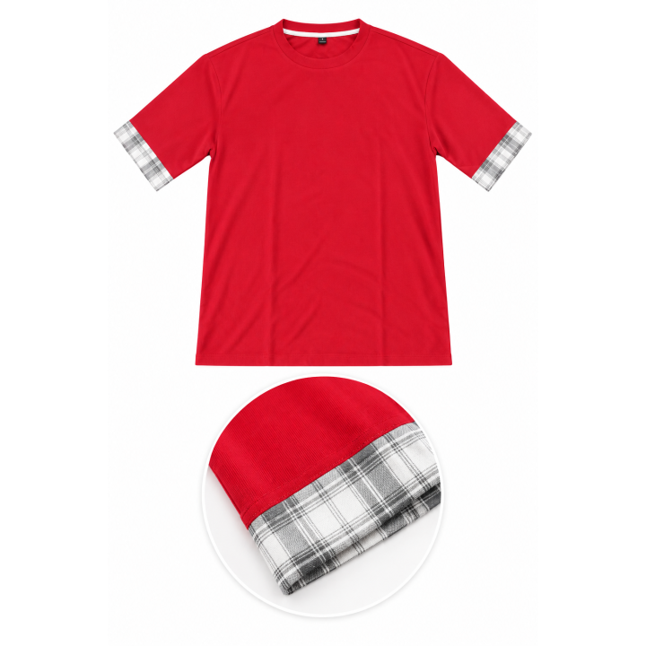 T-shirt Long Rouge à Manches Carreaux