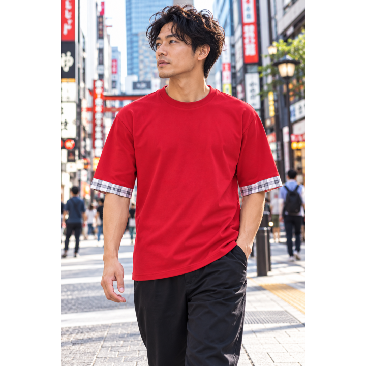 T-shirt Long Rouge à Manches Carreaux
